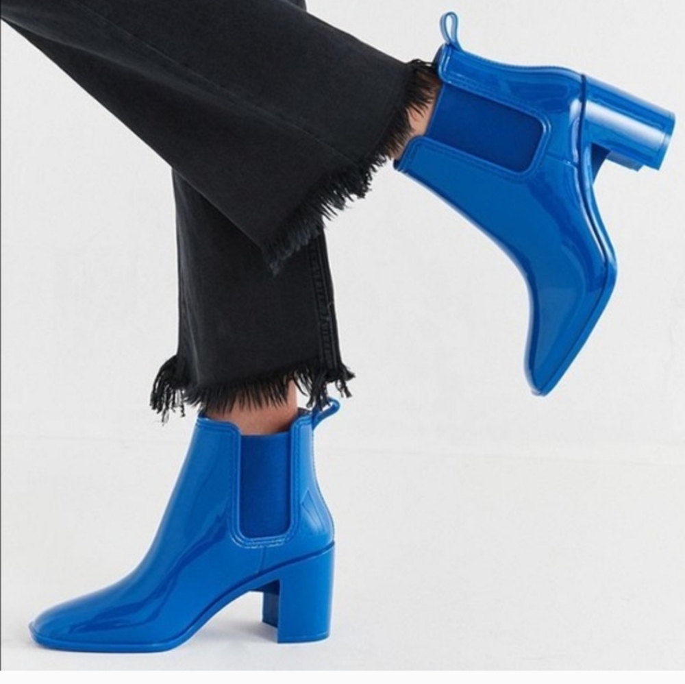 JEFFREY CAMPBELL HURRICANE Rain Boots Blue Sz 10 Square Closed Toe Chunky Heel